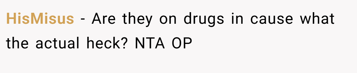 HisMisus − Are they on drugs in cause what the actual heck? NTA OP
