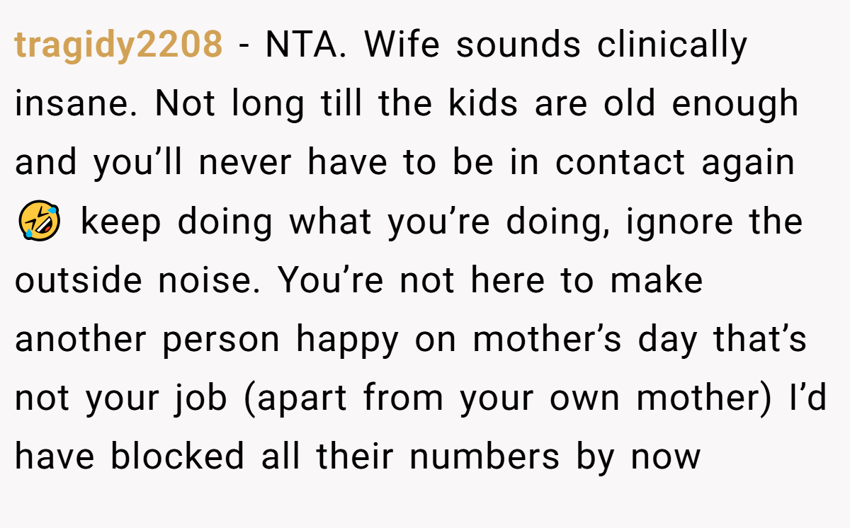 tragidy2208 − NTA. Wife sounds clinically insane. Not long till the kids are old enough and you’ll never have to be in contact again 🤣 keep doing what you’re doing, ignore the outside noise. You’re not here to make another person happy on mother’s day that’s not your job (apart from your own mother) I’d have blocked all their numbers by now