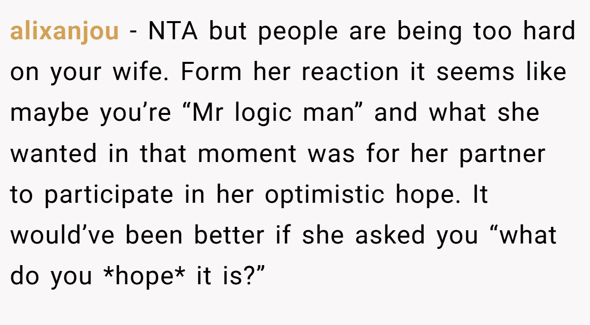 alixanjou − NTA but people are being too hard on your wife. Form her reaction it seems like maybe you’re “Mr logic man” and what she wanted in that moment was for her partner to participate in her optimistic hope. It would’ve been better if she asked you “what do you *hope* it is?”