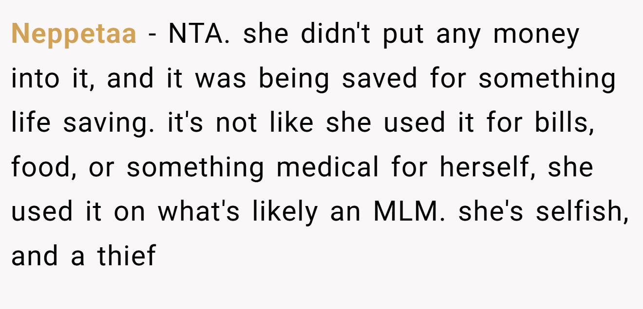 Neppetaa − NTA. she didn't put any money into it, and it was being saved for something life saving. it's not like she used it for bills, food, or something medical for herself, she used it on what's likely an MLM. she's selfish, and a thief