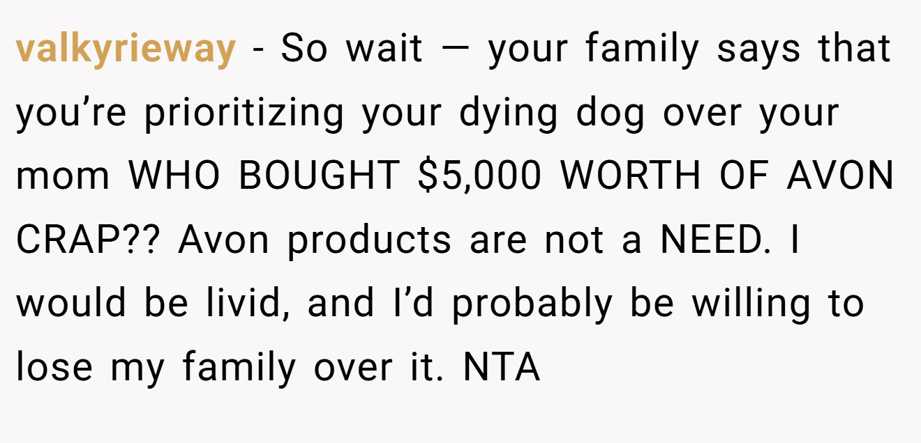 valkyrieway − So wait — your family says that you’re prioritizing your dying dog over your mom WHO BOUGHT $5,000 WORTH OF AVON CRAP?? Avon products are not a NEED. I would be livid, and I’d probably be willing to lose my family over it. NTA