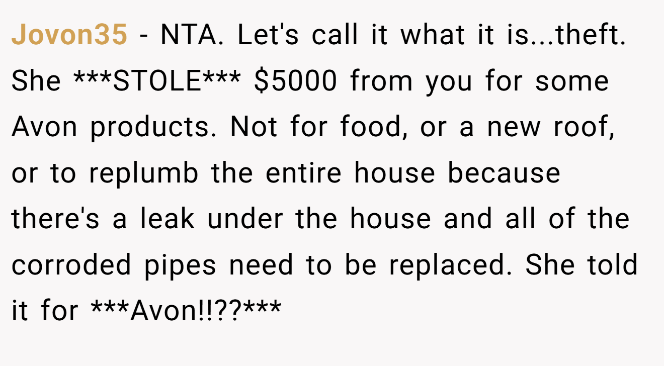 Jovon35 − NTA. Let's call it what it is...theft. She ***STOLE*** $5000 from you for some Avon products. Not for food, or a new roof, or to replumb the entire house because there's a leak under the house and all of the corroded pipes need to be replaced. She told it for ***Avon!!??***