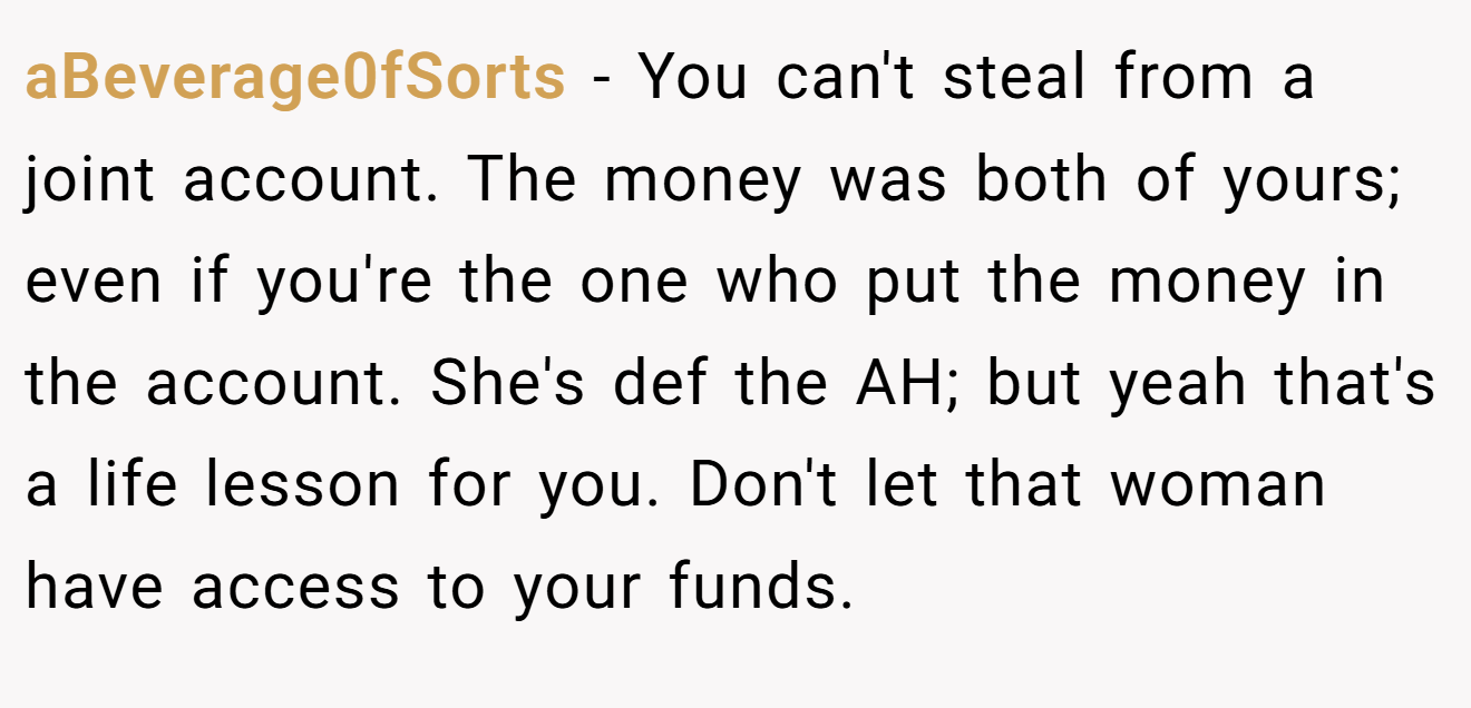 aBeverage0fSorts − You can't steal from a joint account. The money was both of yours; even if you're the one who put the money in the account. She's def the AH; but yeah that's a life lesson for you. Don't let that woman have access to your funds.