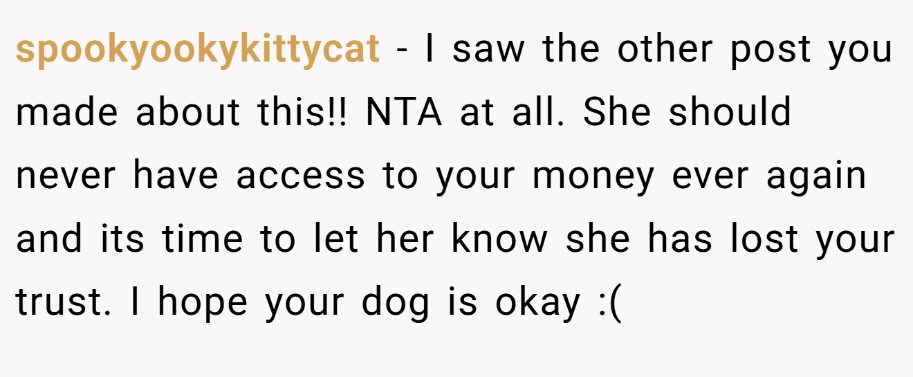 spookyookykittycat − I saw the other post you made about this!! NTA at all. She should never have access to your money ever again and its time to let her know she has lost your trust. I hope your dog is okay :(