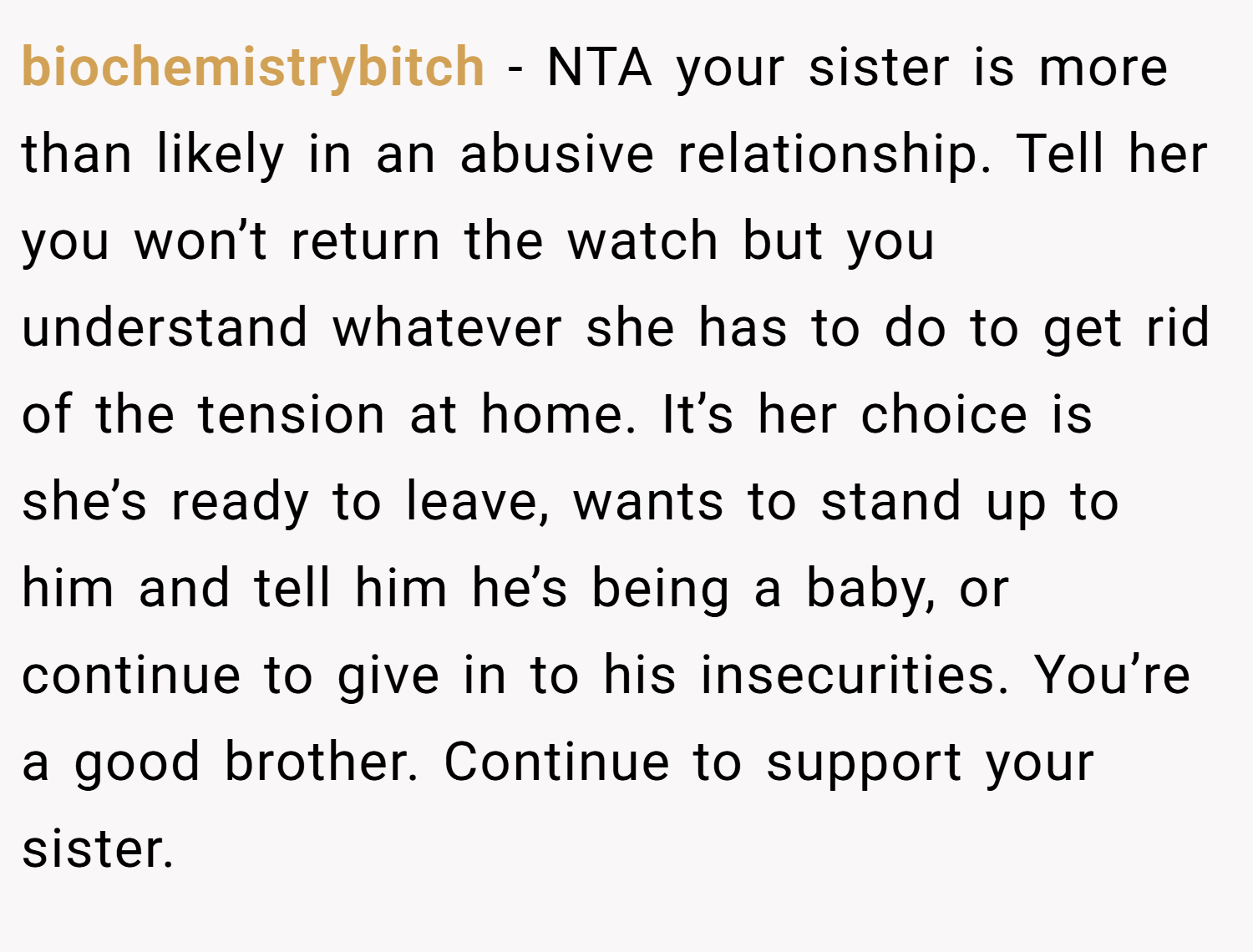 biochemistrybitch − NTA your sister is more than likely in an abusive relationship. Tell her you won’t return the watch but you understand whatever she has to do to get rid of the tension at home. It’s her choice is she’s ready to leave, wants to stand up to him and tell him he’s being a baby, or continue to give in to his insecurities. You’re a good brother. Continue to support your sister.