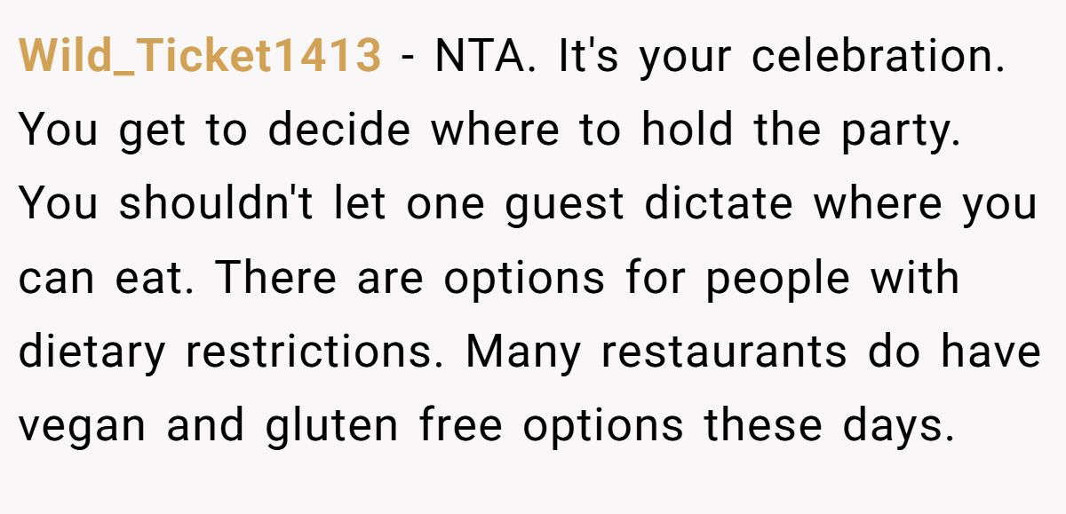 Wild_Ticket1413 − NTA. It's your celebration. You get to decide where to hold the party. You shouldn't let one guest dictate where you can eat. There are options for people with dietary restrictions. Many restaurants do have vegan and gluten free options these days.