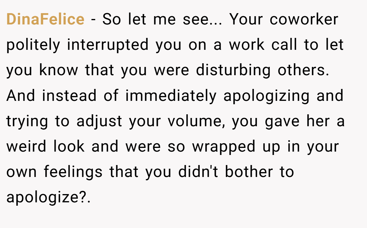 DinaFelice − So let me see... Your coworker politely interrupted you on a work call to let you know that you were disturbing others. And instead of immediately apologizing and trying to adjust your volume, you gave her a weird look and were so wrapped up in your own feelings that you didn't bother to apologize?.