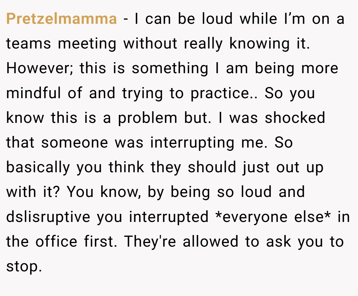 Pretzelmamma − I can be loud while I’m on a teams meeting without really knowing it. However; this is something I am being more mindful of and trying to practice.. So you know this is a problem but. I was shocked that someone was interrupting me. So basically you think they should just out up with it? You know, by being so loud and dslisruptive you interrupted *everyone else* in the office first. They're allowed to ask you to stop. 