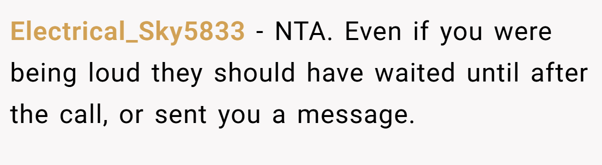 Electrical_Sky5833 − NTA. Even if you were being loud they should have waited until after the call, or sent you a message.