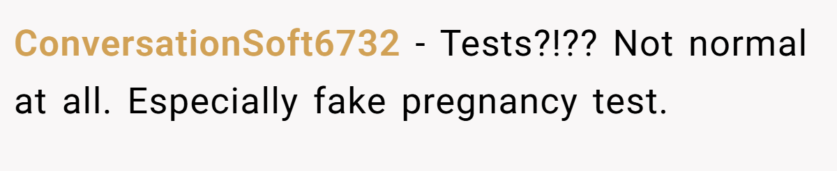 ConversationSoft6732 − Tests?!?? Not normal at all. Especially fake pregnancy test.
