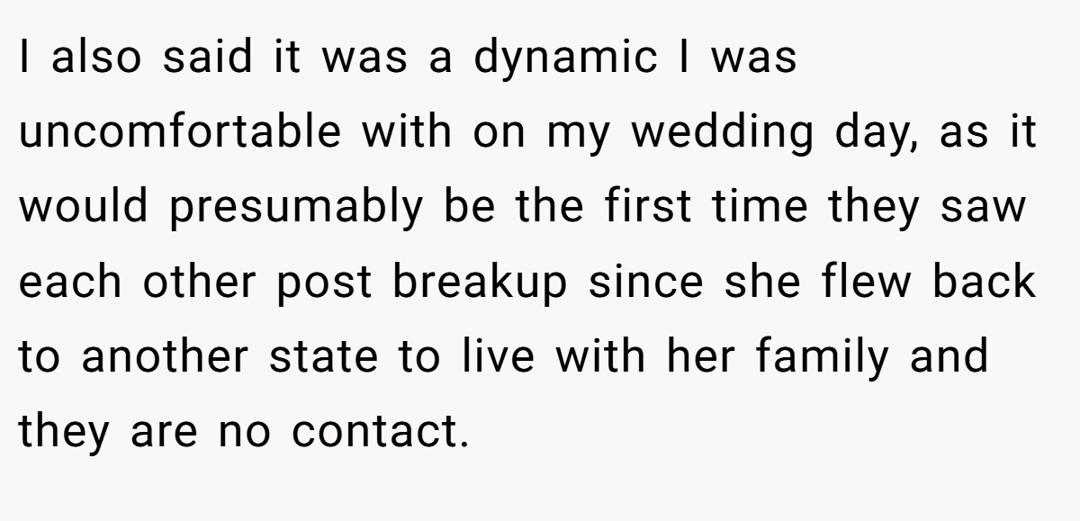 I also said it was a dynamic I was uncomfortable with on my wedding day, as it would presumably be the first time they saw each other post breakup since she flew back to another state to live with her family and they are no contact.