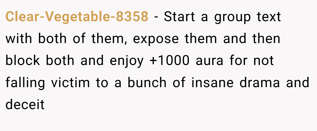 Clear-Vegetable-8358 − Start a group text with both of them, expose them and then block both and enjoy +1000 aura for not falling victim to a bunch of insane drama and deceit