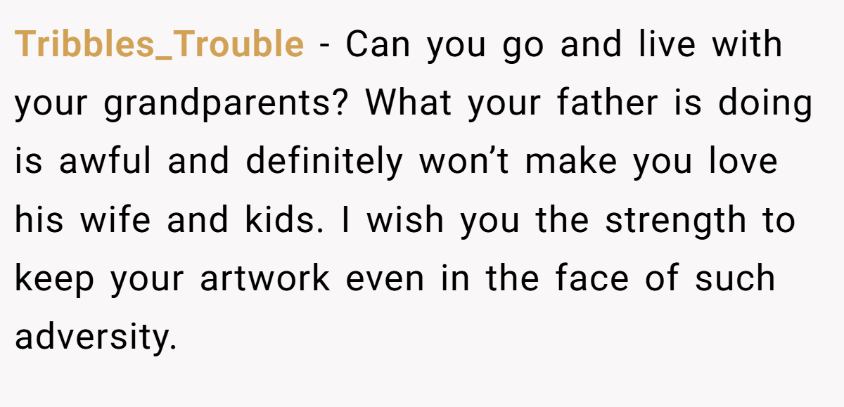 Tribbles_Trouble − Can you go and live with your grandparents? What your father is doing is awful and definitely won’t make you love his wife and kids. I wish you the strength to keep your artwork even in the face of such adversity.