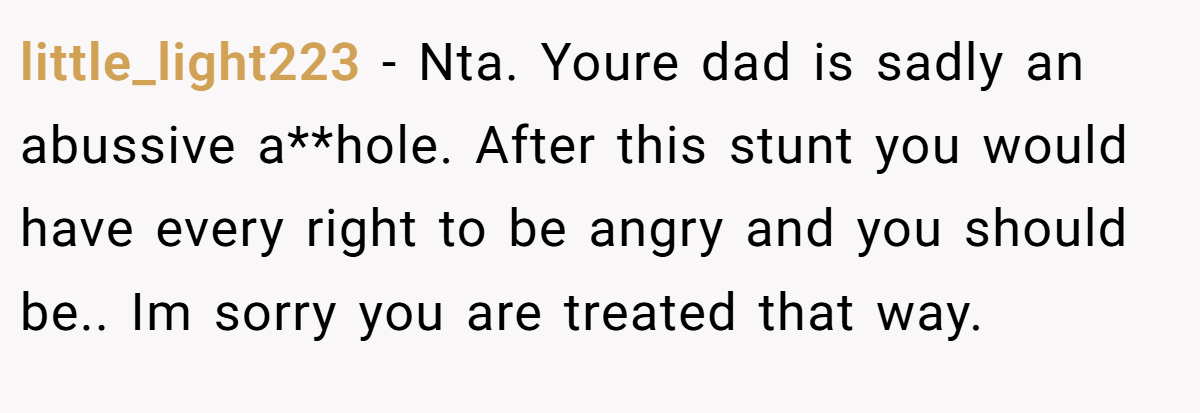 little_light223 − Nta. Youre dad is sadly an abussive a**hole. After this stunt you would have every right to be angry and you should be.. Im sorry you are treated that way.