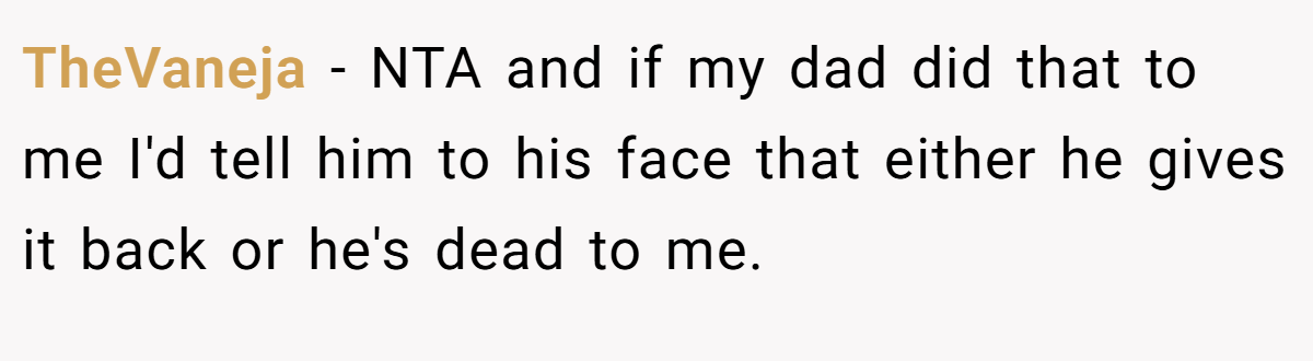 TheVaneja − NTA and if my dad did that to me I'd tell him to his face that either he gives it back or he's dead to me.