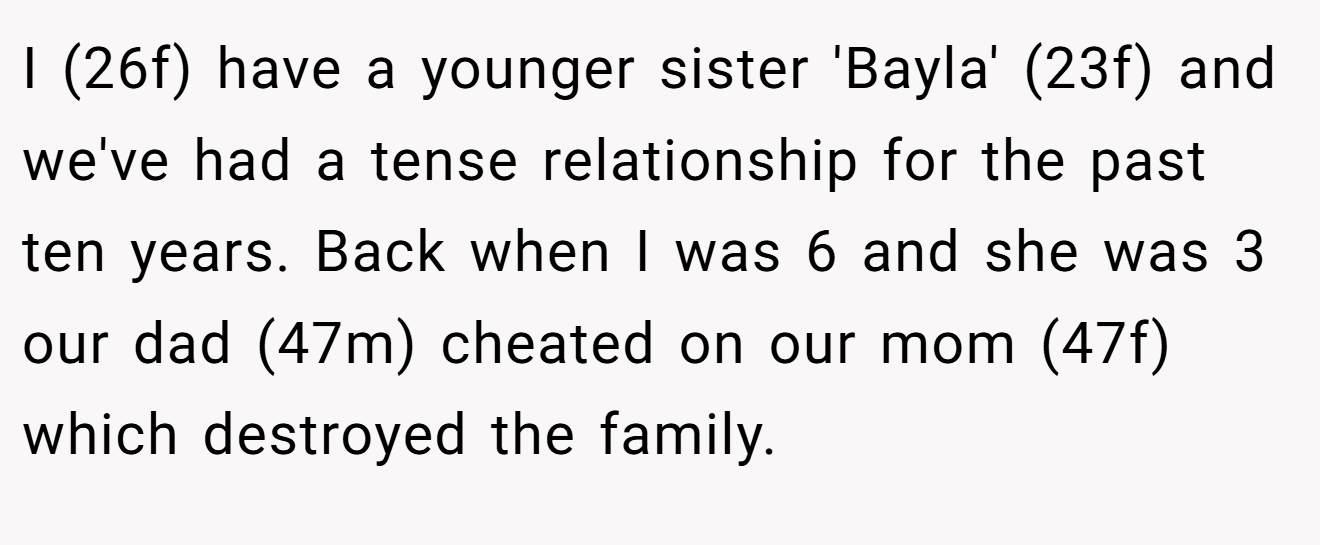 I (26f) have a younger sister 'Bayla' (23f) and we've had a tense relationship for the past ten years. Back when I was 6 and she was 3 our dad (47m) cheated on our mom (47f) which destroyed the family.