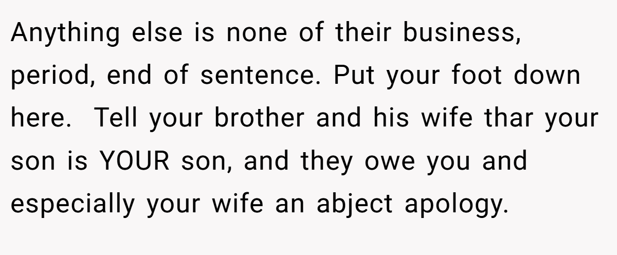 Anything else is none of their business, period, end of sentence. Put your foot down here.  Tell your brother and his wife thar your son is YOUR son, and they owe you and especially your wife an abject apology. 