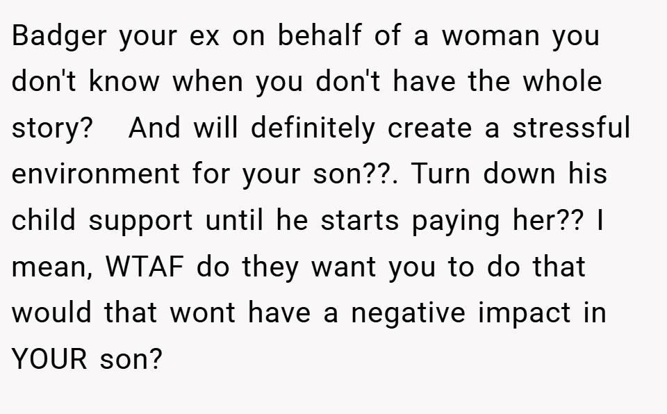 Badger your ex on behalf of a woman you don't know when you don't have the whole story?   And will definitely create a stressful environment for your son??. Turn down his child support until he starts paying her?? I mean, WTAF do they want you to do that would that wont have a negative impact in YOUR son?   