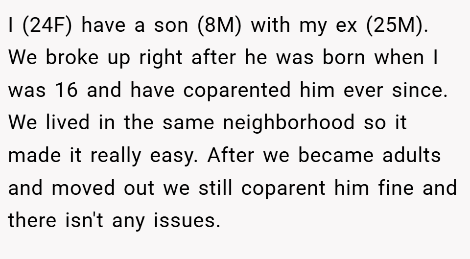 I (24F) have a son (8M) with my ex (25M). We broke up right after he was born when I was 16 and have coparented him ever since. We lived in the same neighborhood so it made it really easy. After we became adults and moved out we still coparent him fine and there isn't any issues.