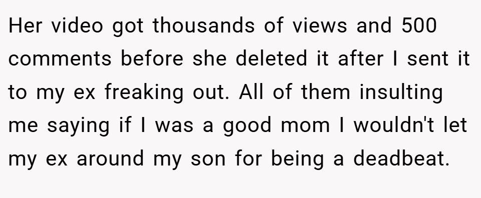 Her video got thousands of views and 500 comments before she deleted it after I sent it to my ex freaking out. All of them insulting me saying if I was a good mom I wouldn't let my ex around my son for being a deadbeat.