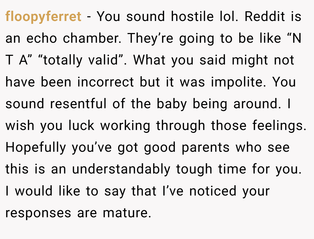floopyferret − You sound hostile lol. Reddit is an echo chamber. They’re going to be like “N T A” “totally valid”. What you said might not have been incorrect but it was impolite. You sound resentful of the baby being around. I wish you luck working through those feelings. Hopefully you’ve got good parents who see this is an understandably tough time for you. I would like to say that I’ve noticed your responses are mature.
