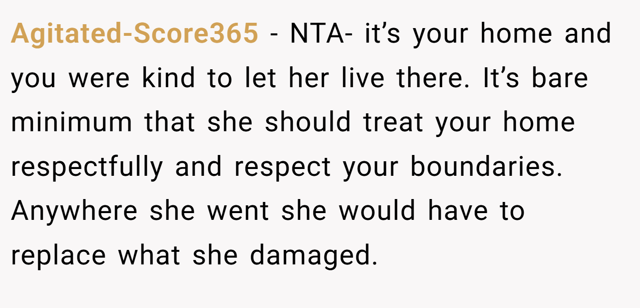 Agitated-Score365 − NTA- it’s your home and you were kind to let her live there. It’s bare minimum that she should treat your home respectfully and respect your boundaries. Anywhere she went she would have to replace what she damaged.
