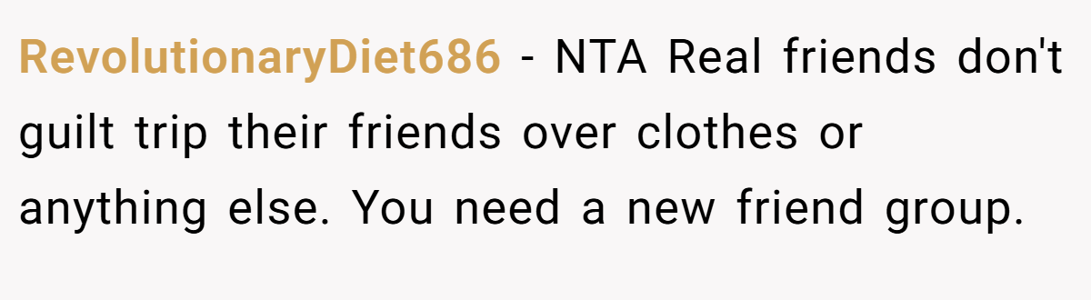 RevolutionaryDiet686 − NTA Real friends don't guilt trip their friends over clothes or anything else. You need a new friend group.