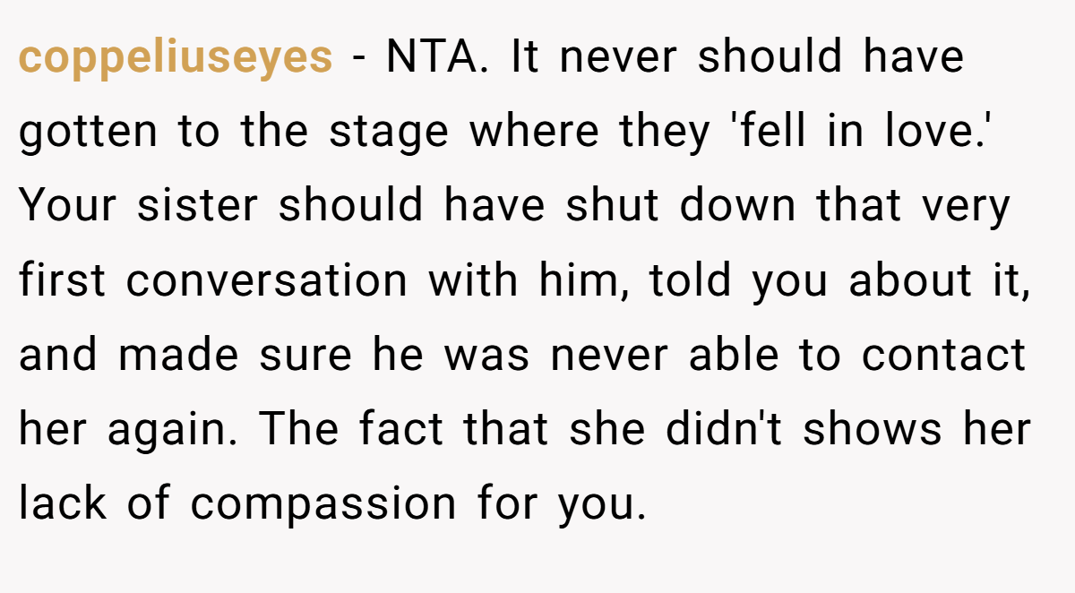 coppeliuseyes − NTA. It never should have gotten to the stage where they 'fell in love.' Your sister should have shut down that very first conversation with him, told you about it, and made sure he was never able to contact her again. The fact that she didn't shows her lack of compassion for you.