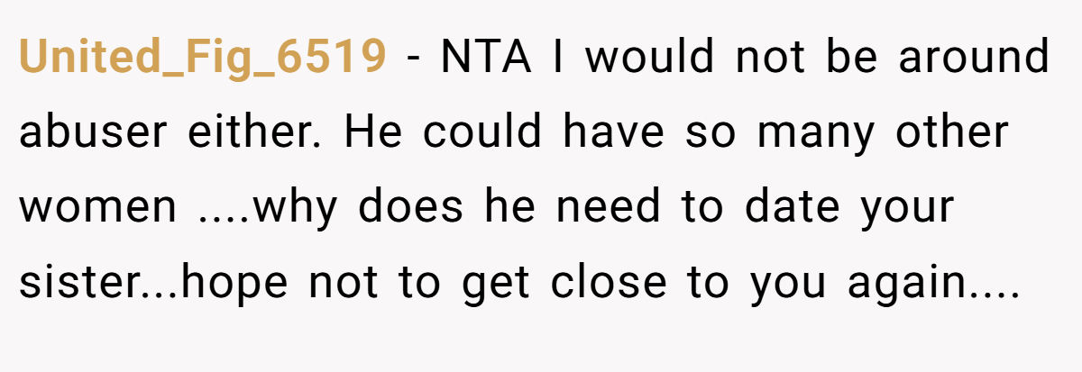 United_Fig_6519 − NTA I would not be around abuser either. He could have so many other women ....why does he need to date your sister...hope not to get close to you again....