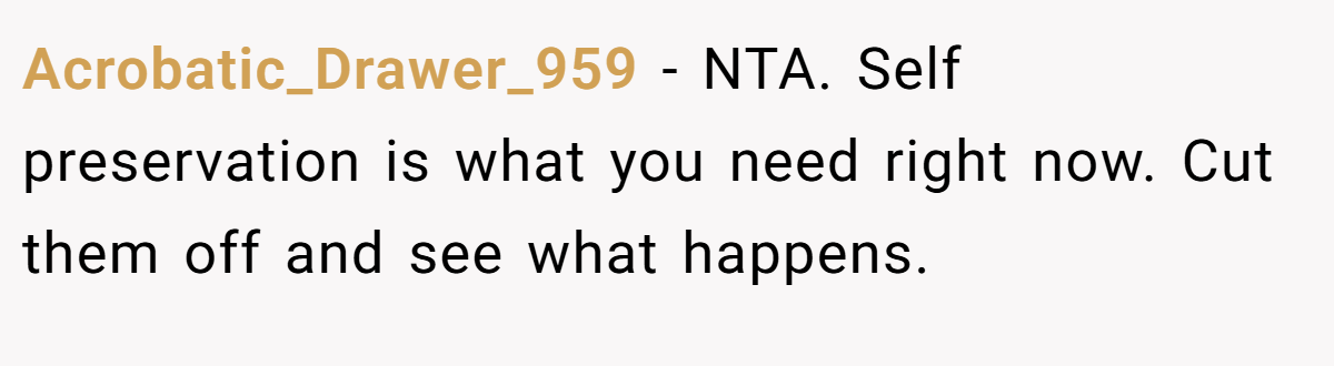 Acrobatic_Drawer_959 − NTA. Self preservation is what you need right now. Cut them off and see what happens.