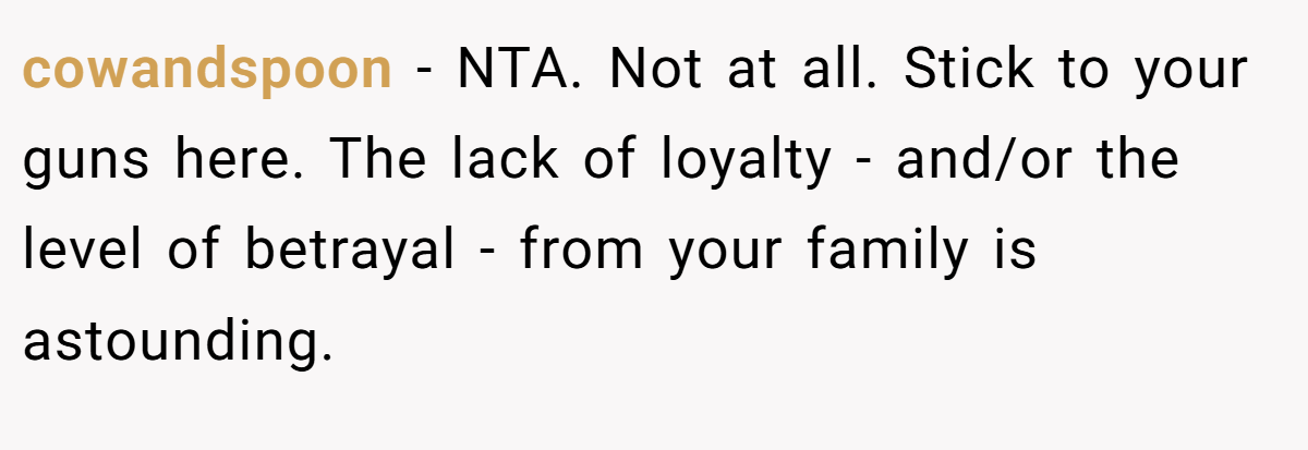 cowandspoon − NTA. Not at all. Stick to your guns here. The lack of loyalty - and/or the level of betrayal - from your family is astounding.