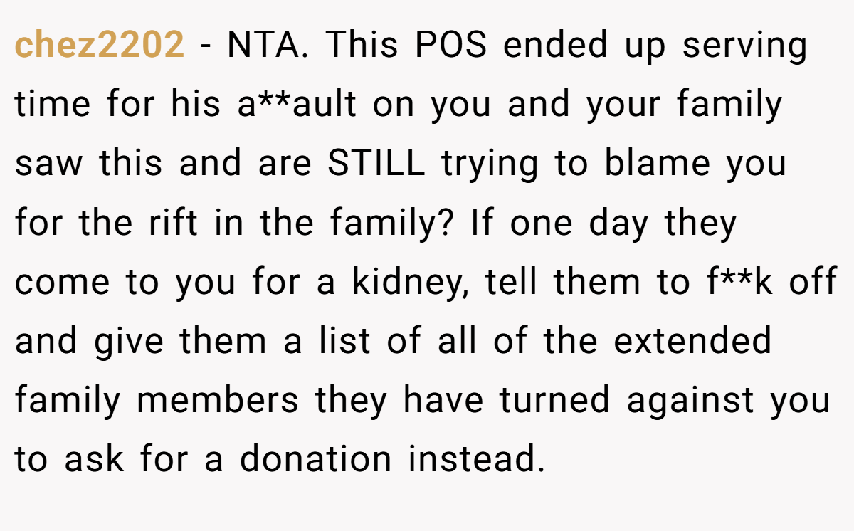 chez2202 − NTA. This POS ended up serving time for his a**ault on you and your family saw this and are STILL trying to blame you for the rift in the family? If one day they come to you for a kidney, tell them to f**k off and give them a list of all of the extended family members they have turned against you to ask for a donation instead.