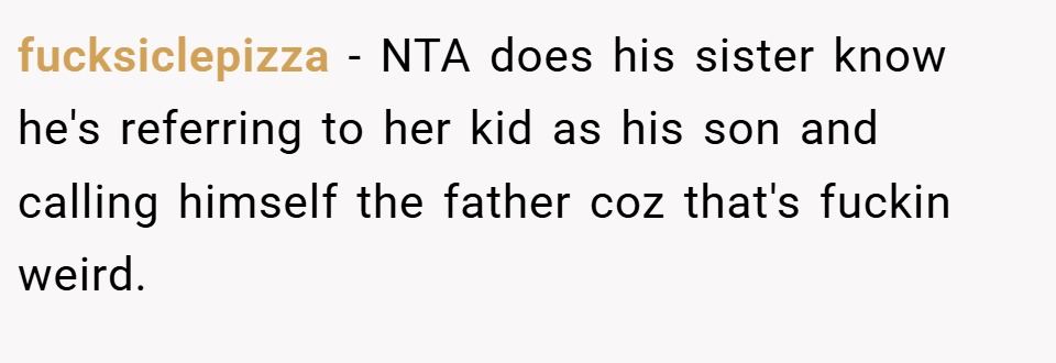 fucksiclepizza − NTA does his sister know he's referring to her kid as his son and calling himself the father coz that's fuckin weird.
