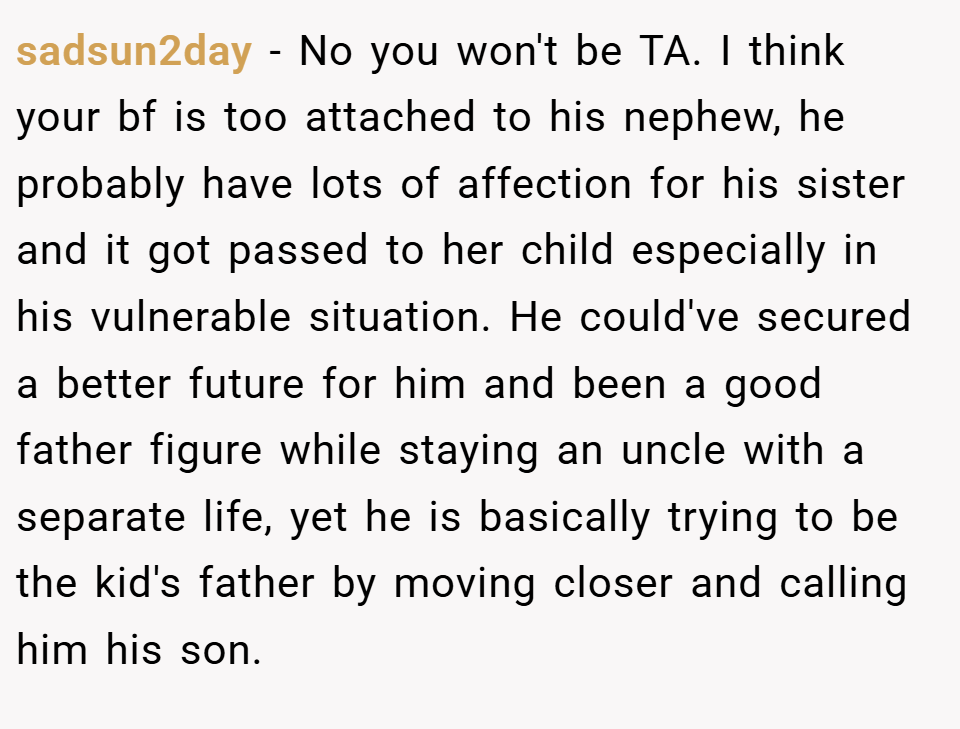 sadsun2day − No you won't be TA. I think your bf is too attached to his nephew, he probably have lots of affection for his sister and it got passed to her child especially in his vulnerable situation. He could've secured a better future for him and been a good father figure while staying an uncle with a separate life, yet he is basically trying to be the kid's father by moving closer and calling him his son.