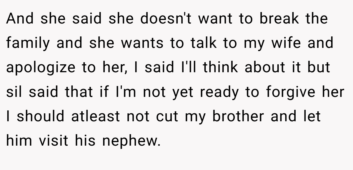 And she said she doesn't want to break the family and she wants to talk to my wife and apologize to her, I said I'll think about it but sil said that if I'm not yet ready to forgive her I should atleast not cut my brother and let him visit his nephew.