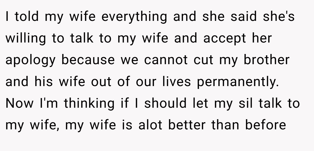 I told my wife everything and she said she's willing to talk to my wife and accept her apology because we cannot cut my brother and his wife out of our lives permanently. Now I'm thinking if I should let my sil talk to my wife, my wife is alot better than before