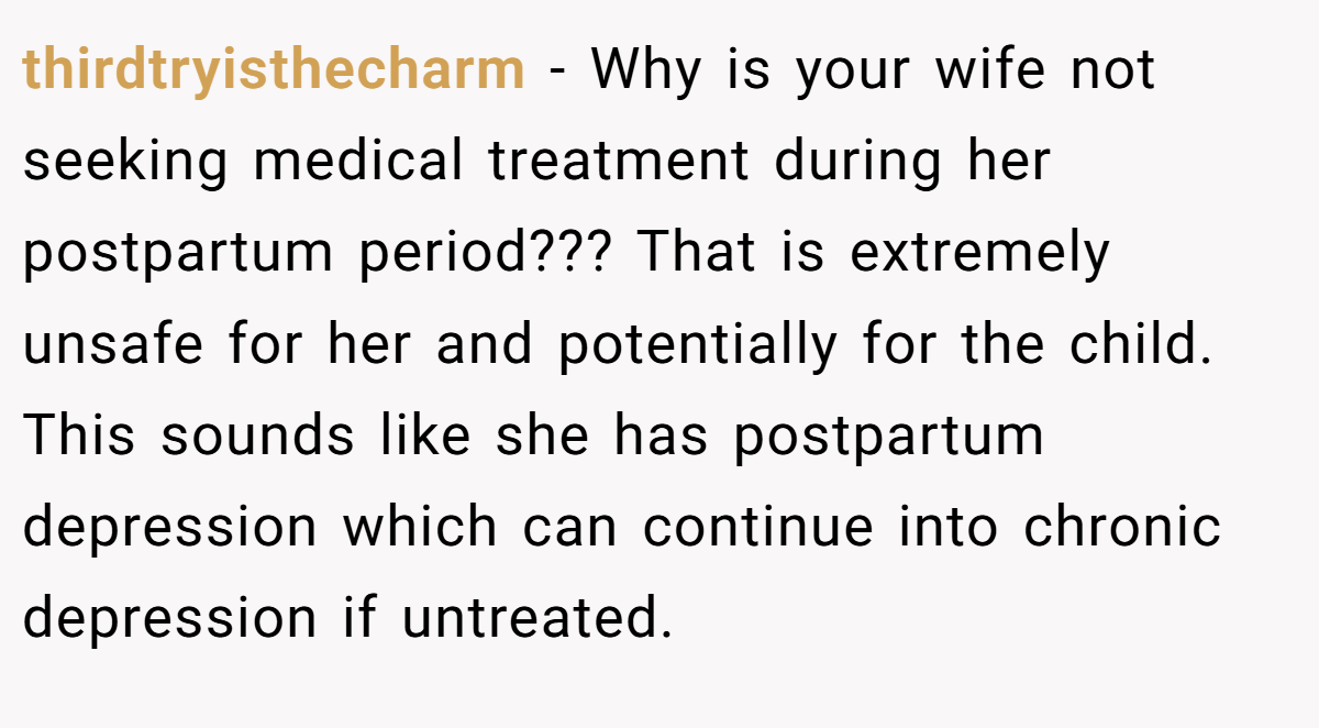 thirdtryisthecharm − Why is your wife not seeking medical treatment during her postpartum period??? That is extremely unsafe for her and potentially for the child. This sounds like she has postpartum depression which can continue into chronic depression if untreated.
