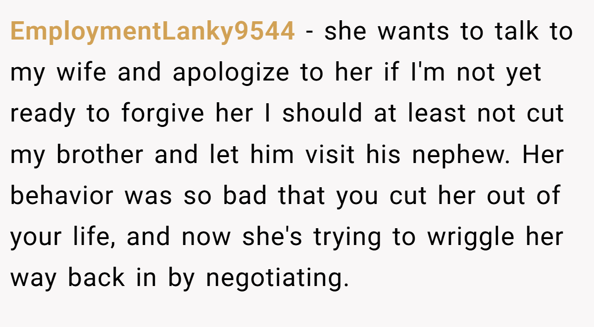 EmploymentLanky9544 − she wants to talk to my wife and apologize to her if I'm not yet ready to forgive her I should at least not cut my brother and let him visit his nephew. Her behavior was so bad that you cut her out of your life, and now she's trying to wriggle her way back in by negotiating.
