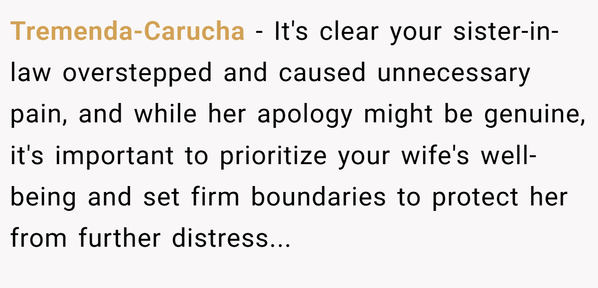 Tremenda-Carucha − It's clear your sister-in-law overstepped and caused unnecessary pain, and while her apology might be genuine, it's important to prioritize your wife's well-being and set firm boundaries to protect her from further distress...