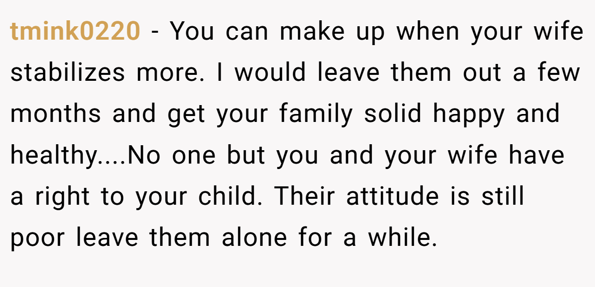 tmink0220 − You can make up when your wife stabilizes more. I would leave them out a few months and get your family solid happy and healthy....No one but you and your wife have a right to your child. Their attitude is still poor leave them alone for a while.