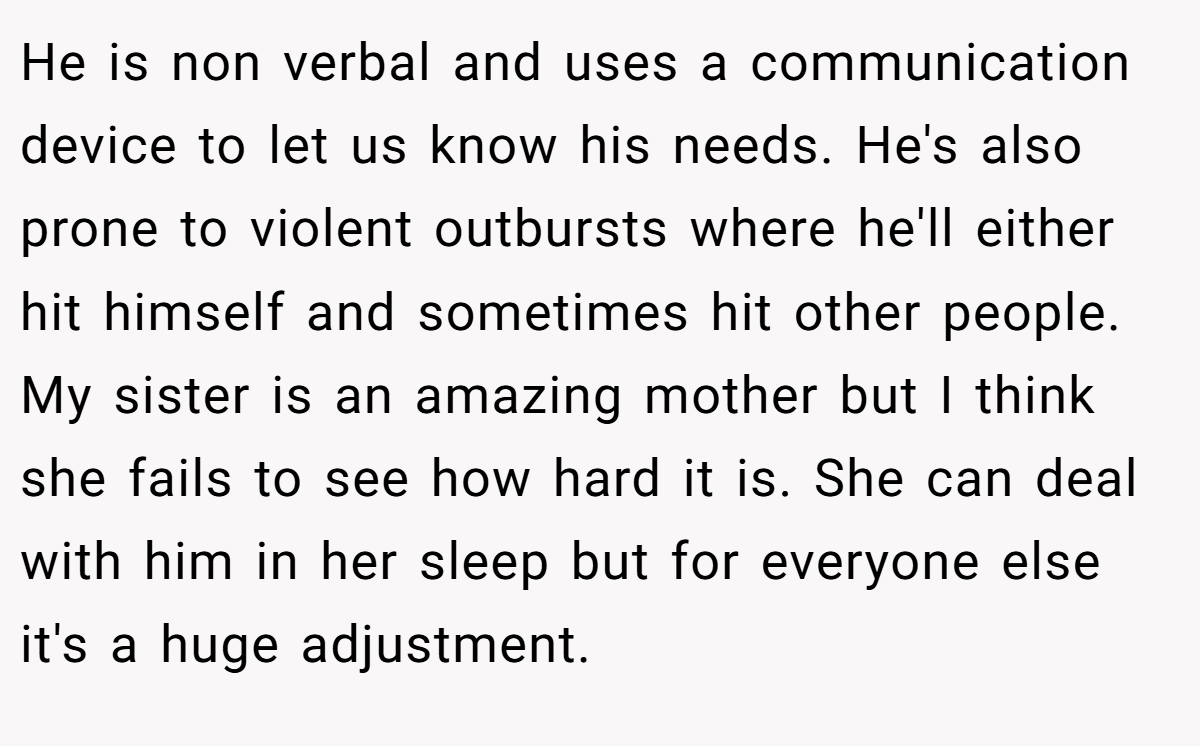 He is non verbal and uses a communication device to let us know his needs. He's also prone to violent outbursts where he'll either hit himself and sometimes hit other people. My sister is an amazing mother but I think she fails to see how hard it is. She can deal with him in her sleep but for everyone else it's a huge adjustment.