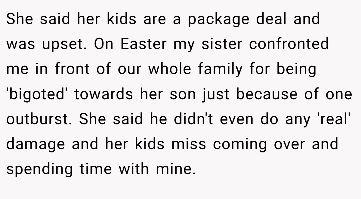 She said her kids are a package deal and was upset. On Easter my sister confronted me in front of our whole family for being 'bigoted' towards her son just because of one outburst. She said he didn't even do any 'real' damage and her kids miss coming over and spending time with mine.