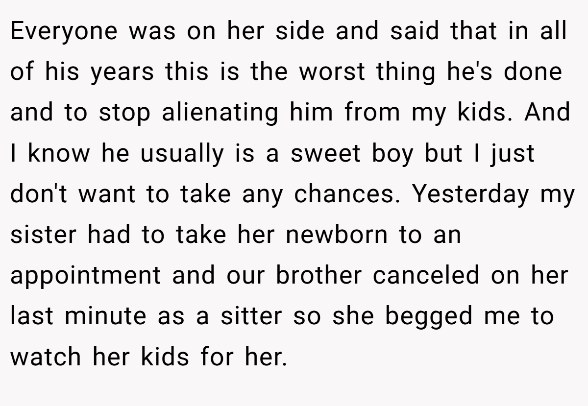 Everyone was on her side and said that in all of his years this is the worst thing he's done and to stop alienating him from my kids. And I know he usually is a sweet boy but I just don't want to take any chances. Yesterday my sister had to take her newborn to an appointment and our brother canceled on her last minute as a sitter so she begged me to watch her kids for her.