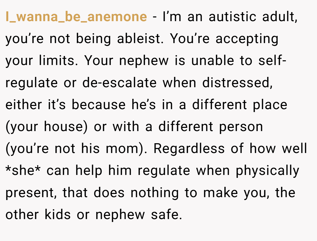 I_wanna_be_anemone − I’m an autistic adult, you’re not being ableist. You’re accepting your limits. Your nephew is unable to self-regulate or de-escalate when distressed, either it’s because he’s in a different place (your house) or with a different person (you’re not his mom). Regardless of how well *she* can help him regulate when physically present, that does nothing to make you, the other kids or nephew safe.