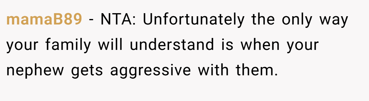 mamaB89 − NTA: Unfortunately the only way your family will understand is when your nephew gets aggressive with them.
