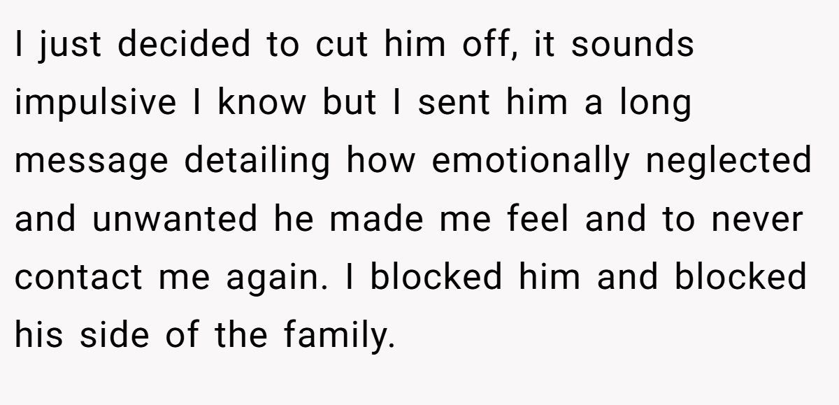 I just decided to cut him off, it sounds impulsive I know but I sent him a long message detailing how emotionally neglected and unwanted he made me feel and to never contact me again. I blocked him and blocked his side of the family.