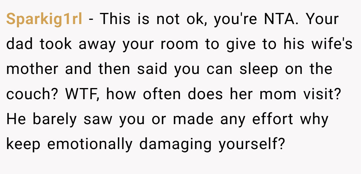 Sparkig1rl − This is not ok, you're NTA. Your dad took away your room to give to his wife's mother and then said you can sleep on the couch? WTF, how often does her mom visit?He barely saw you or made any effort why keep emotionally damaging yourself?