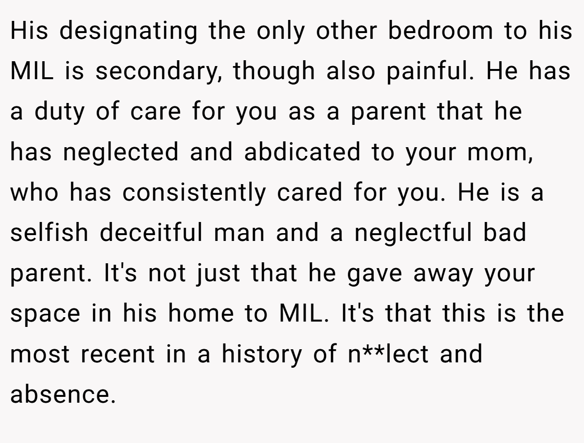 His designating the only other bedroom to his MIL is secondary, though also painful. He has a duty of care for you as a parent that he has neglected and abdicated to your mom, who has consistently cared for you. He is a selfish deceitful man and a neglectful bad parent. It's not just that he gave away your space in his home to MIL. It's that this is the most recent in a history of n**lect and absence.