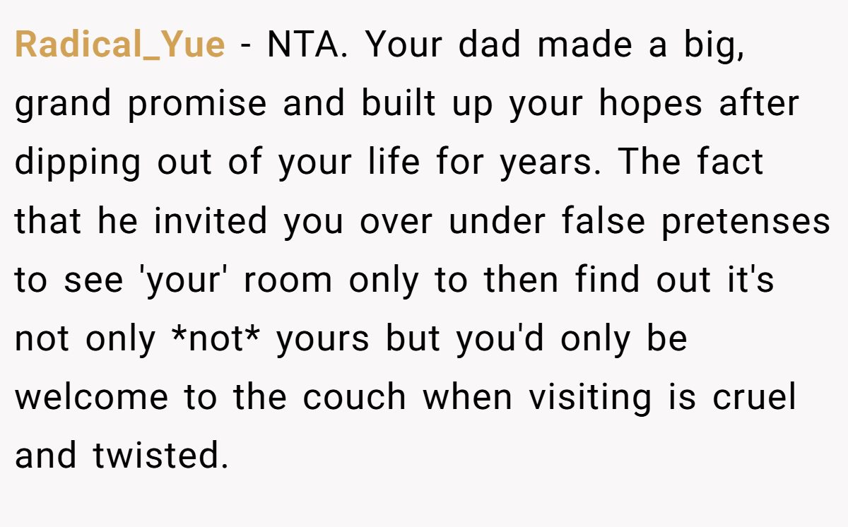Radical_Yue − NTA. Your dad made a big, grand promise and built up your hopes after dipping out of your life for years. The fact that he invited you over under false pretenses to see 'your' room only to then find out it's not only *not* yours but you'd only be welcome to the couch when visiting is cruel and twisted.