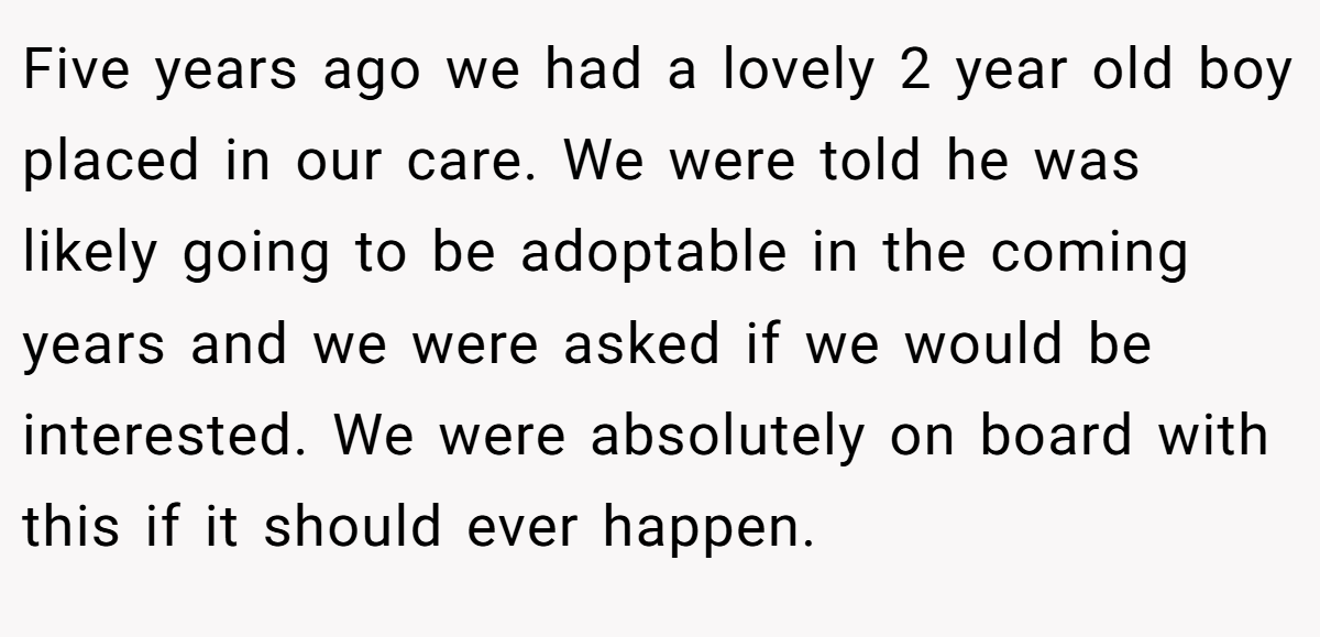Five years ago we had a lovely 2 year old boy placed in our care. We were told he was likely going to be adoptable in the coming years and we were asked if we would be interested. We were absolutely on board with this if it should ever happen.